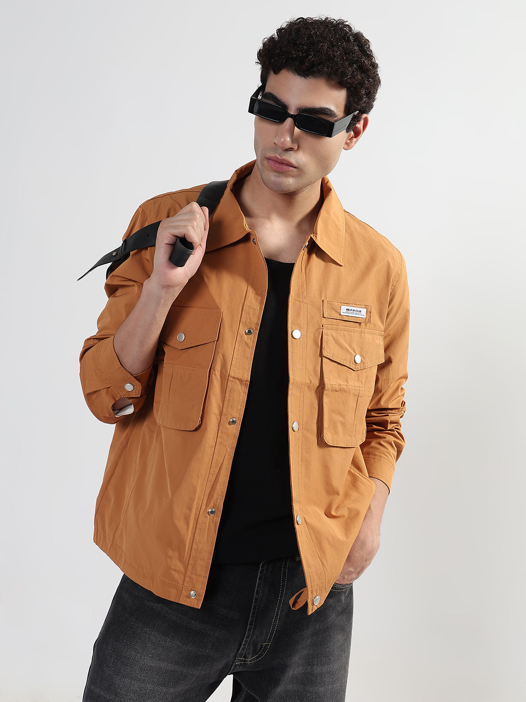Men's Orange Snap Button Shacket with Pockets