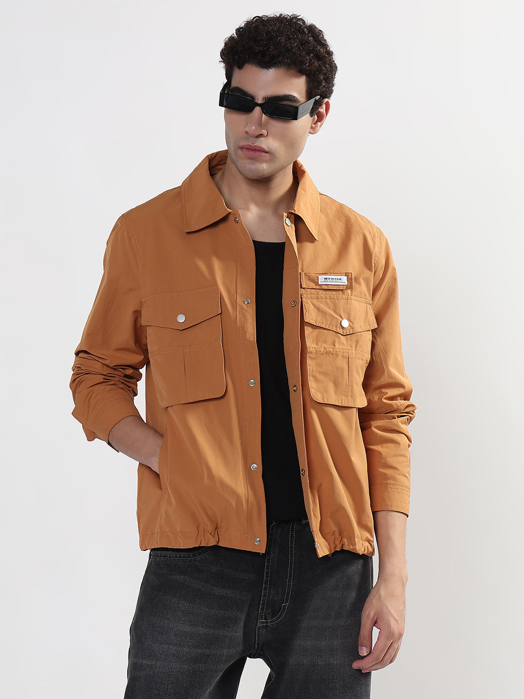 Men's Orange Snap Button Shacket with Pockets