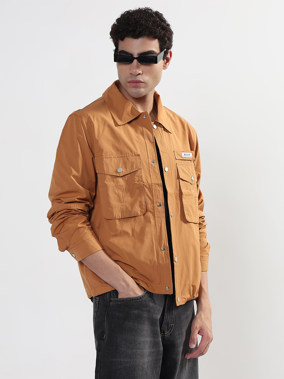 Men's Orange Snap Button Shacket with Pockets