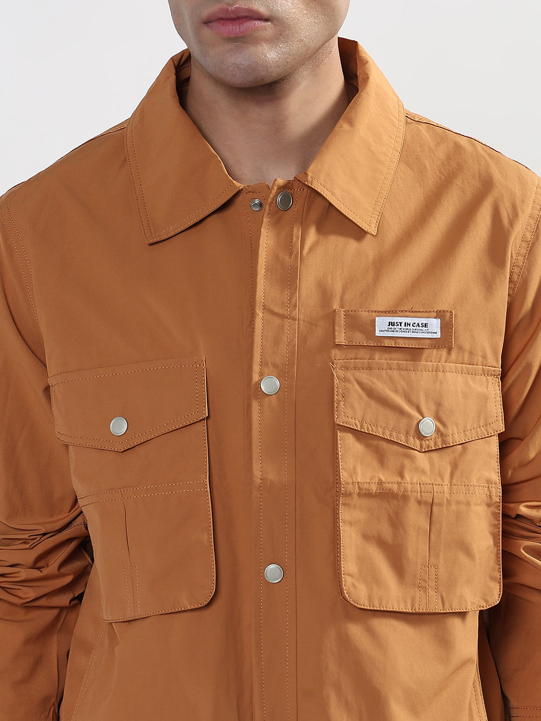 Men's Orange Snap Button Shacket with Pockets