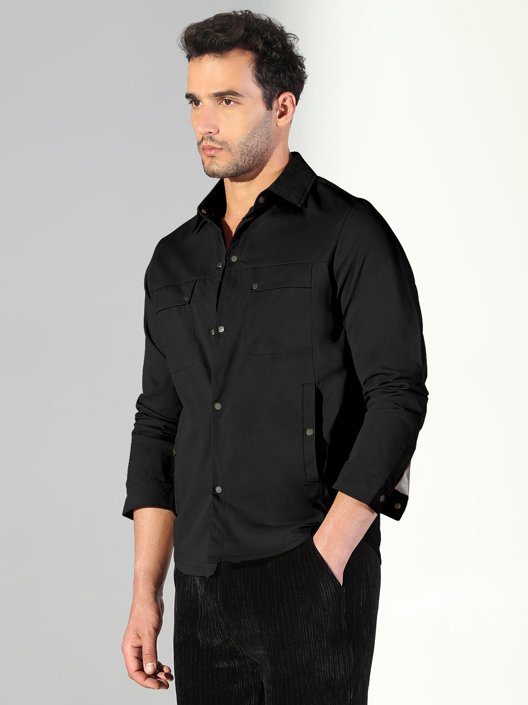 Men's Black Snap Button Regular Fit Shacket