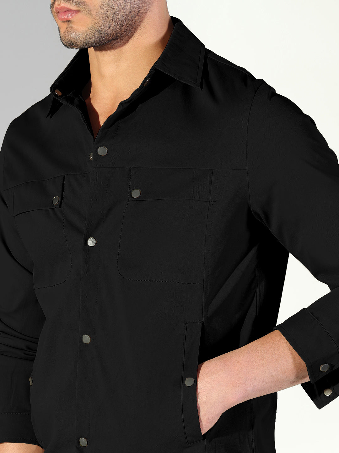 Men's Black Snap Button Regular Fit Shacket