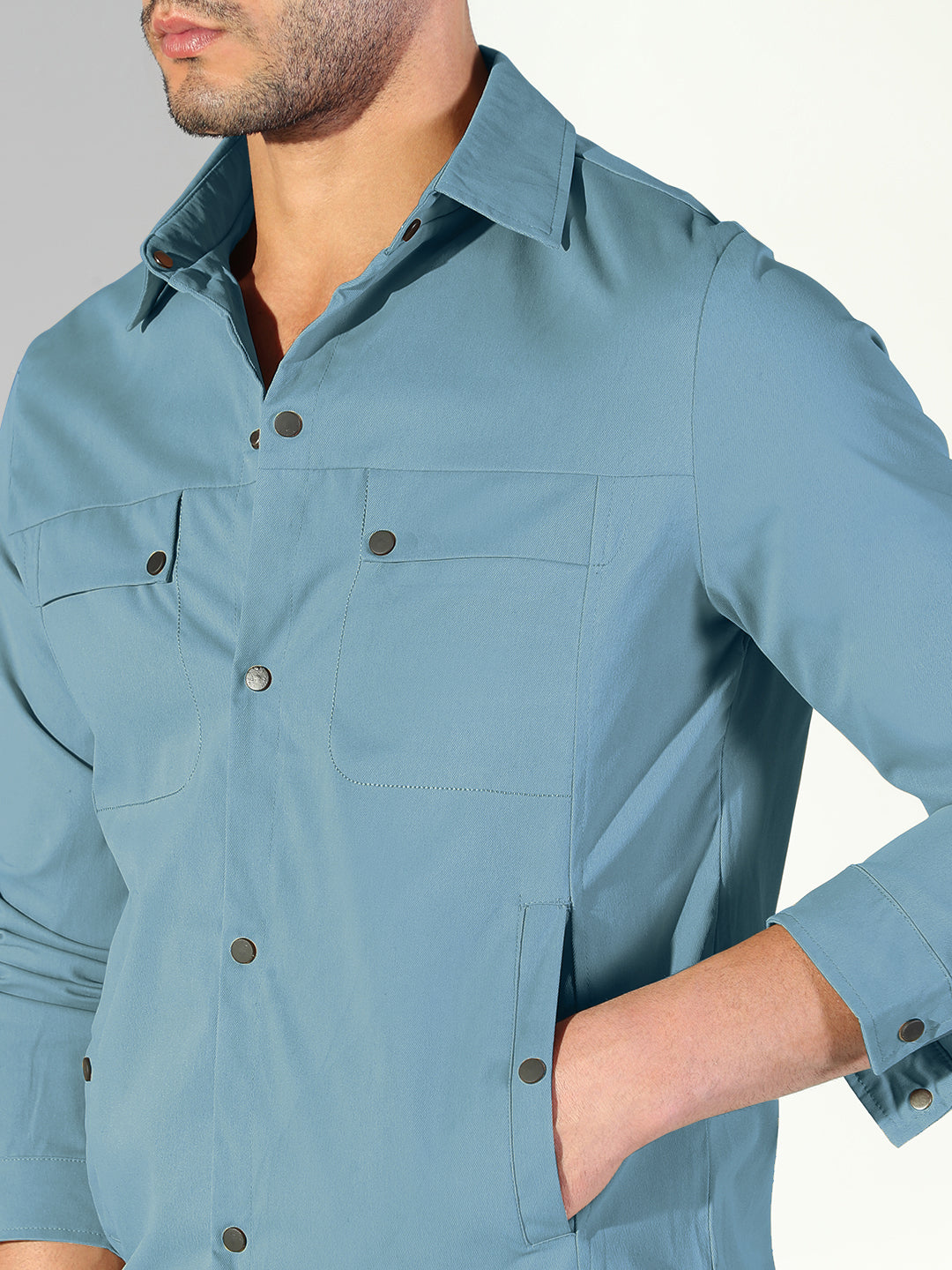 Men's Blue Snap Button Regular Fit Shacket