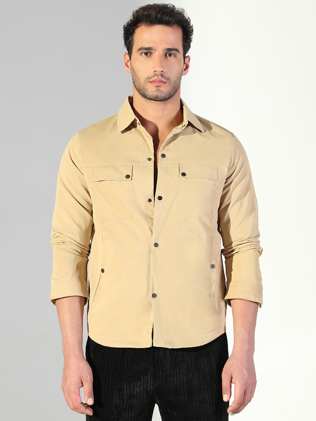 Men Solid Khaki Shacket