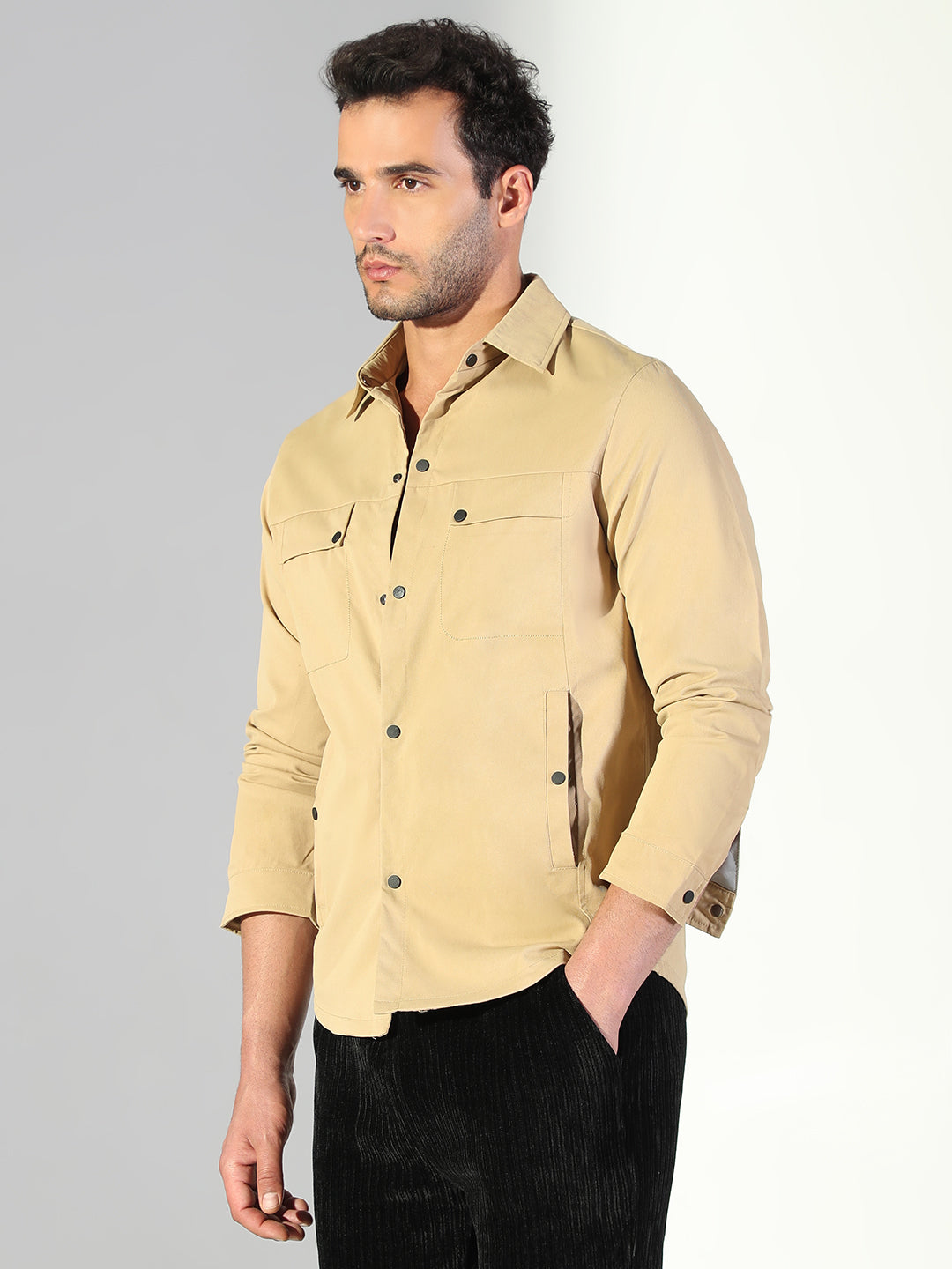 Men Solid Khaki Shacket