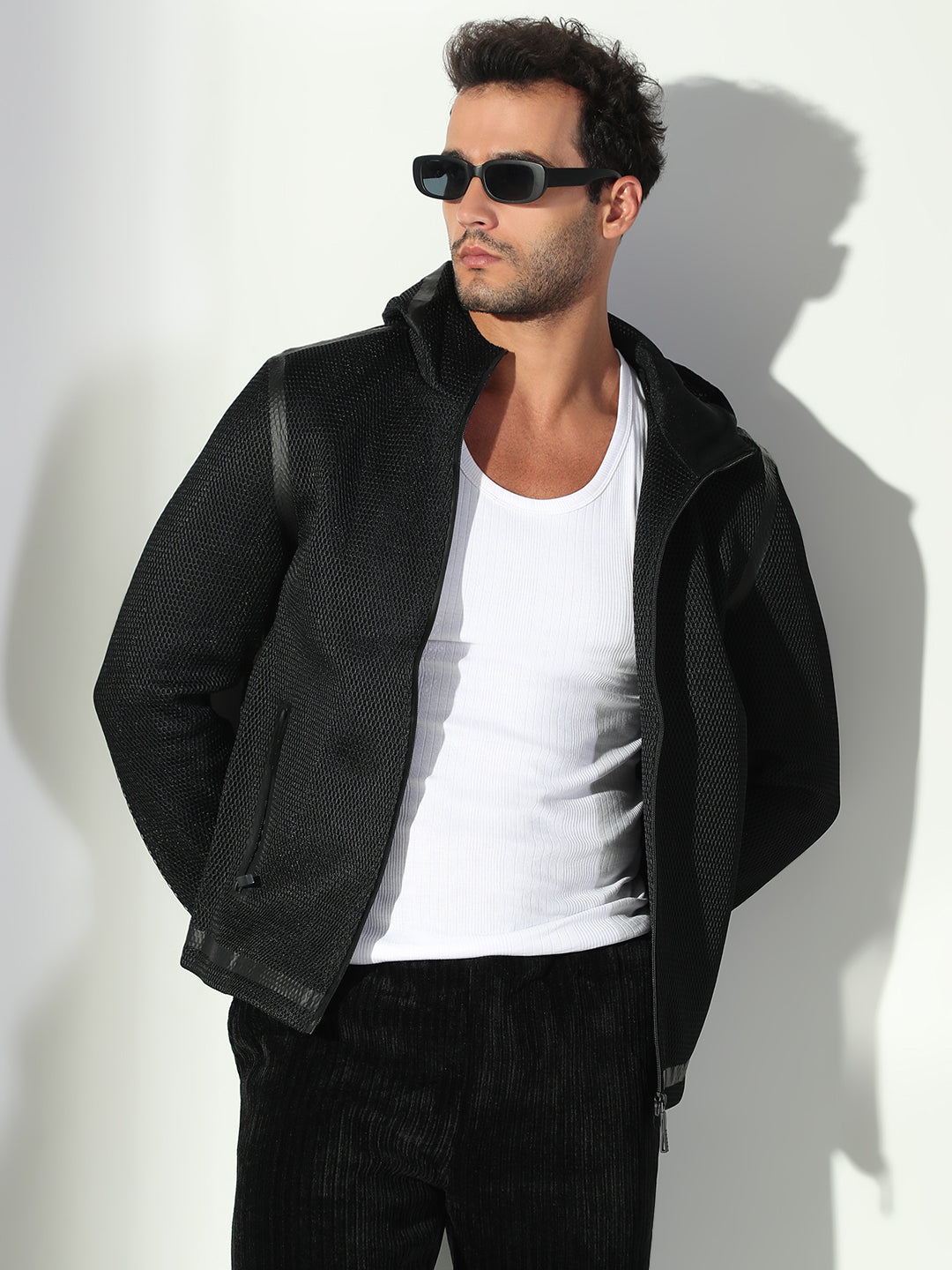 Men Hooded Solid Black Sporty Jacket