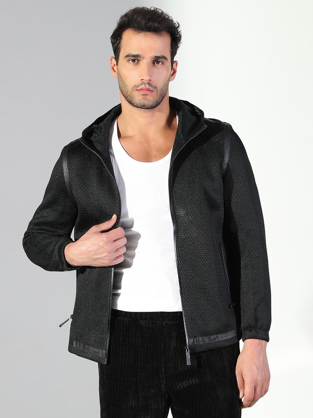 Men Hooded Solid Black Sporty Jacket