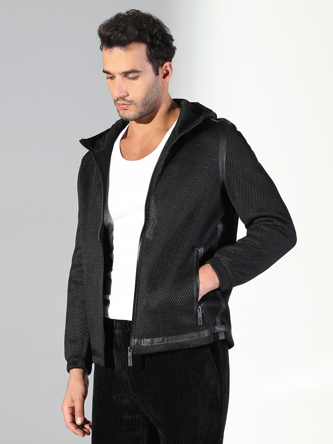 Men Hooded Solid Black Sporty Jacket