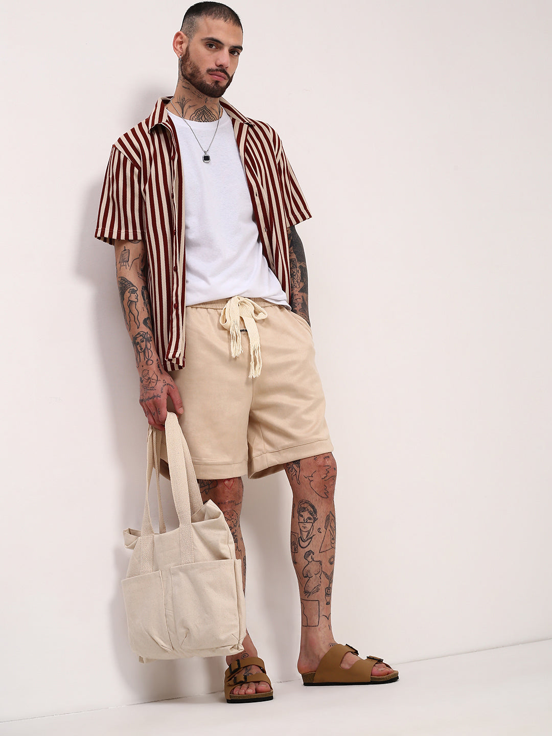 Men Cream Solid Shorts