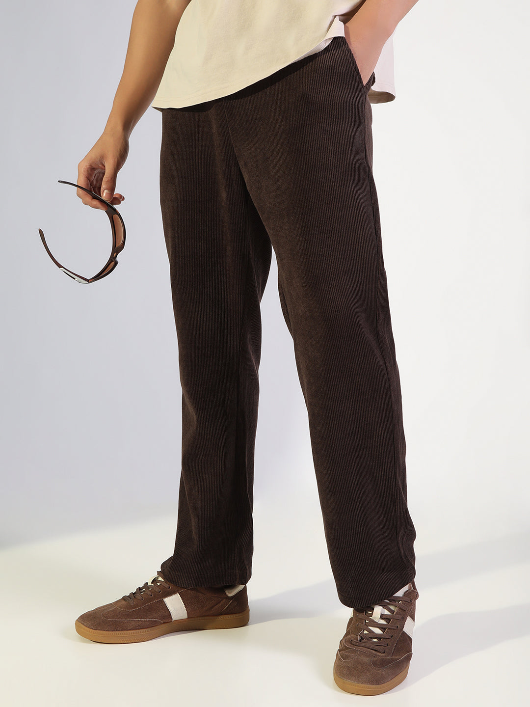 Men's Brown Relaxed Fit Corduroy Trousers with Elasticated Drawstring Waist