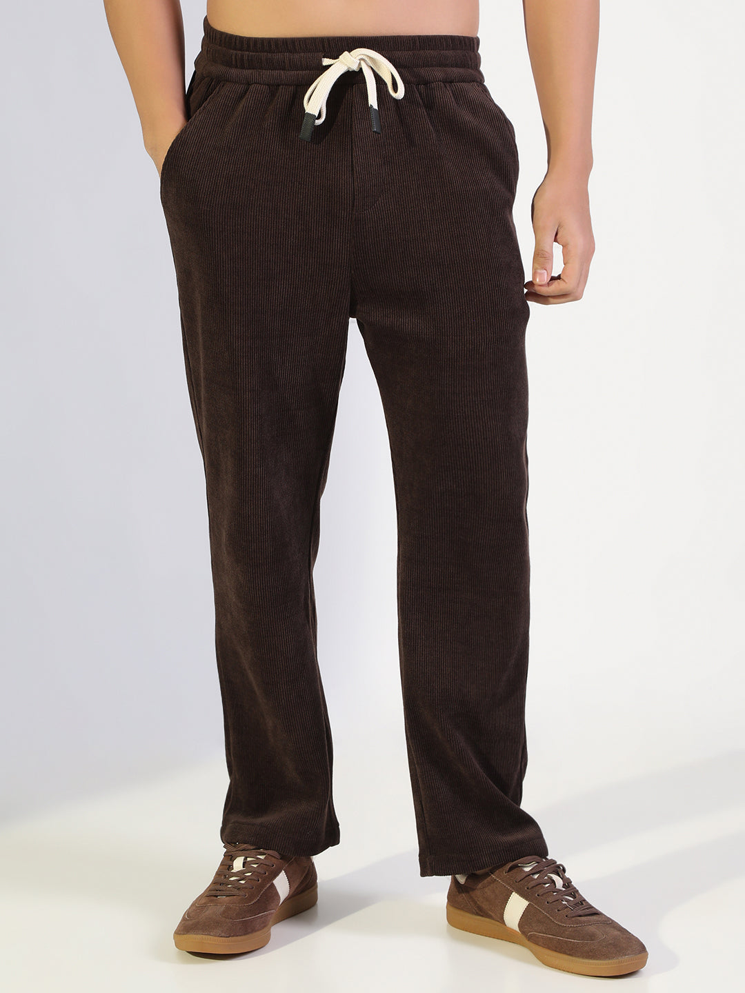 Men's Brown Relaxed Fit Corduroy Trousers with Elasticated Drawstring Waist