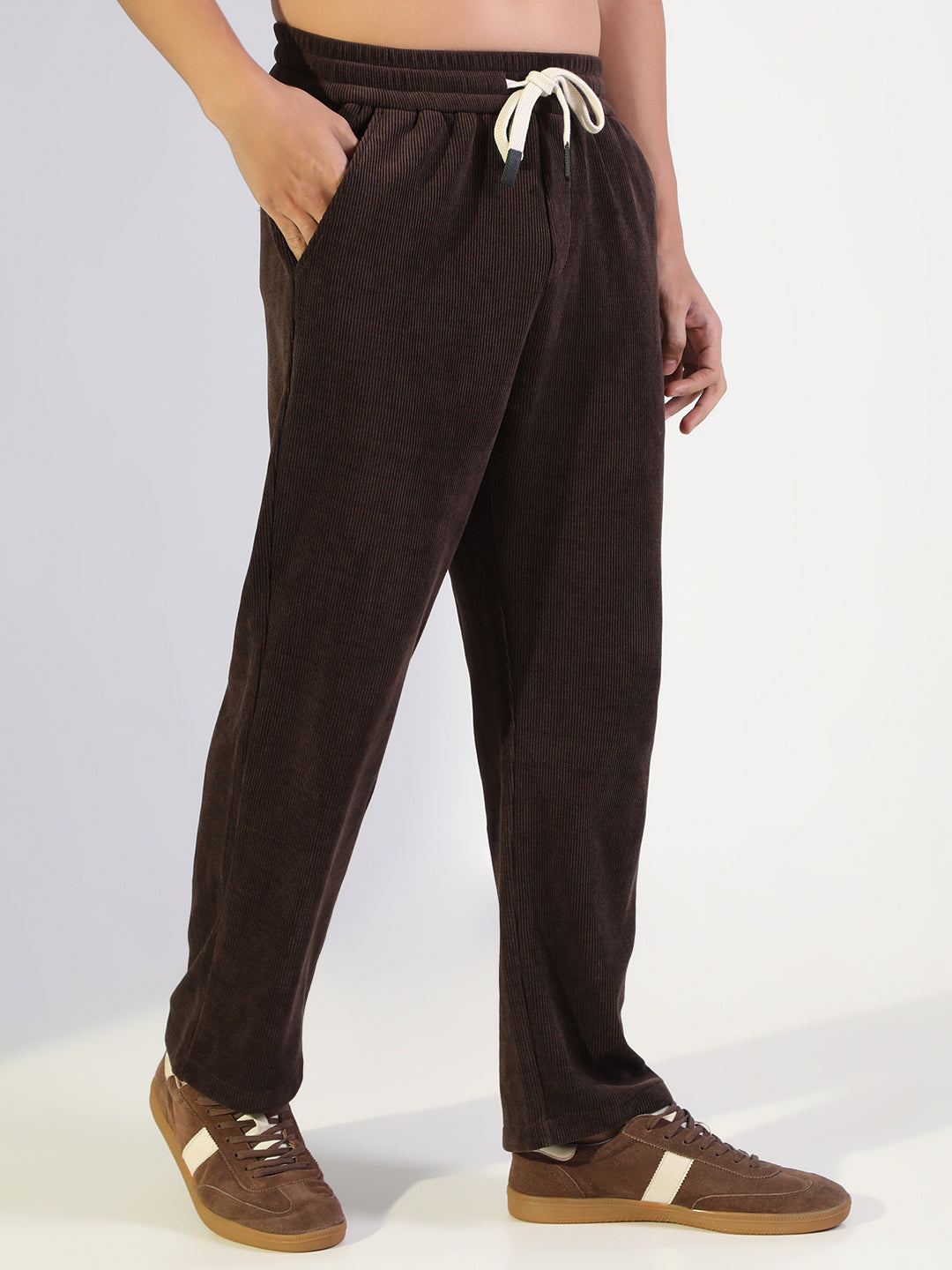 Men's Brown Relaxed Fit Corduroy Trousers with Elasticated Drawstring Waist