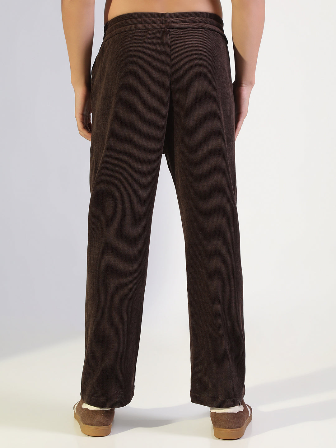 Men's Brown Relaxed Fit Corduroy Trousers with Elasticated Drawstring Waist