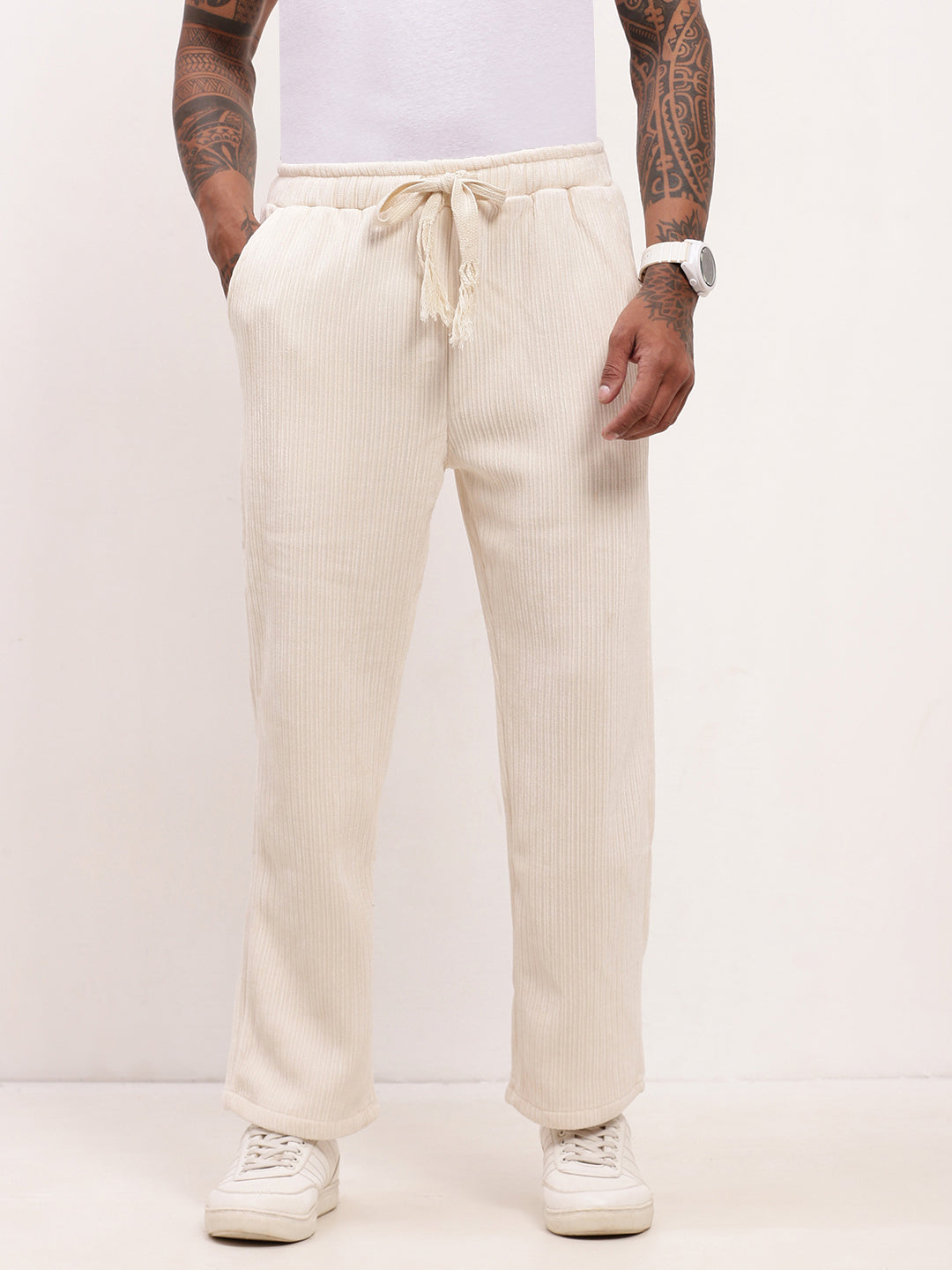 Men Cream Solid Straight Fit Trousers