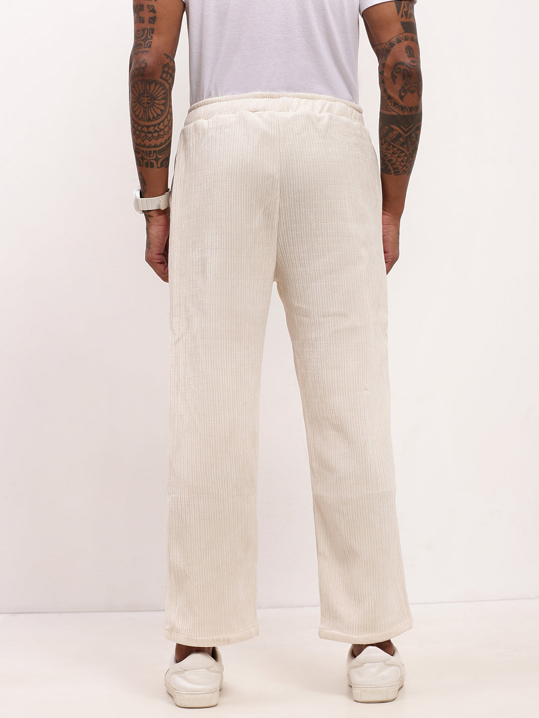 Men Cream Solid Straight Fit Trousers