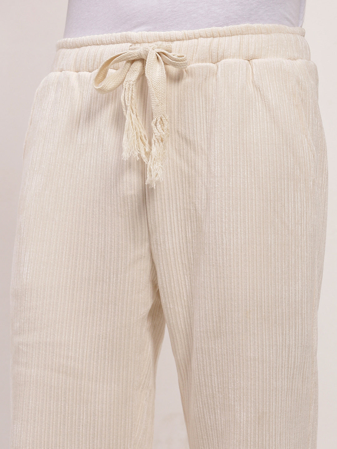 Men Cream Solid Straight Fit Trousers