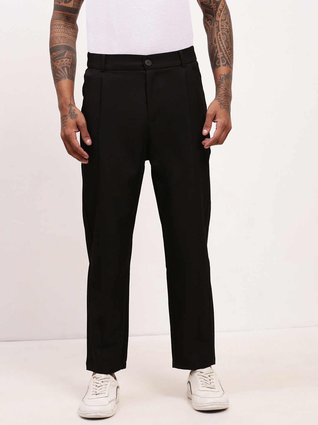 Men Black Solid Slim Fit Trousers