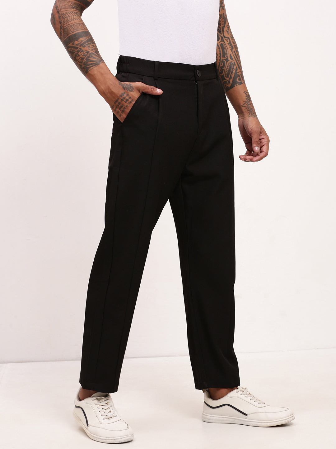 Men Black Solid Slim Fit Trousers