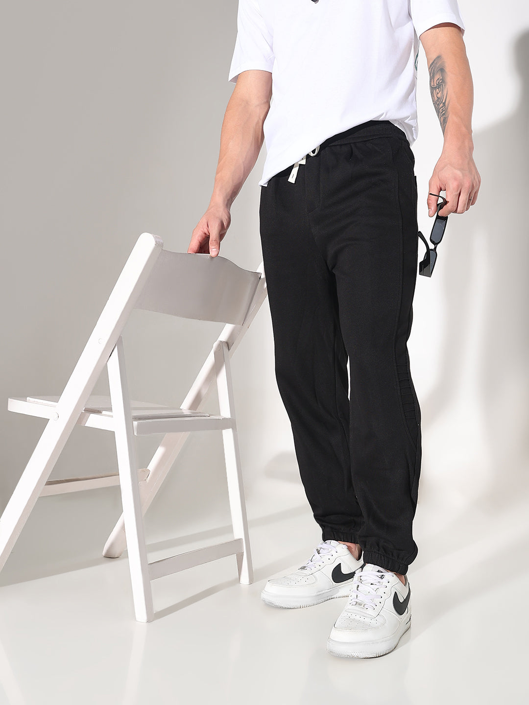 Men's Black Straight Fit Trousers with Elasticated Waist and Drawstring
