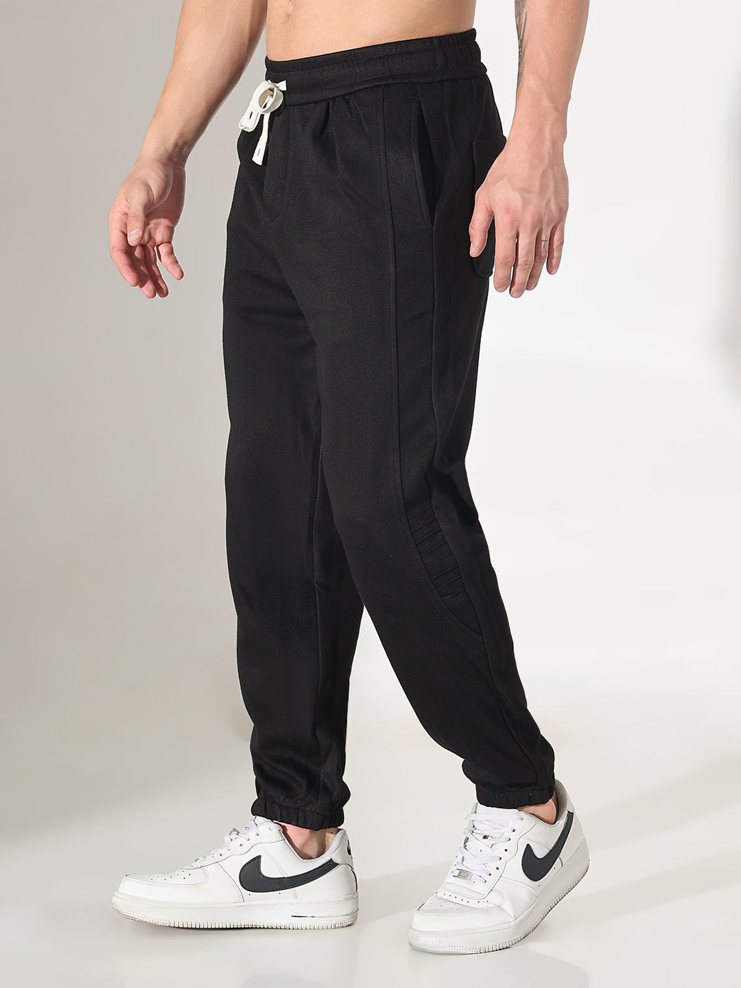 Men's Black Straight Fit Trousers with Elasticated Waist and Drawstring