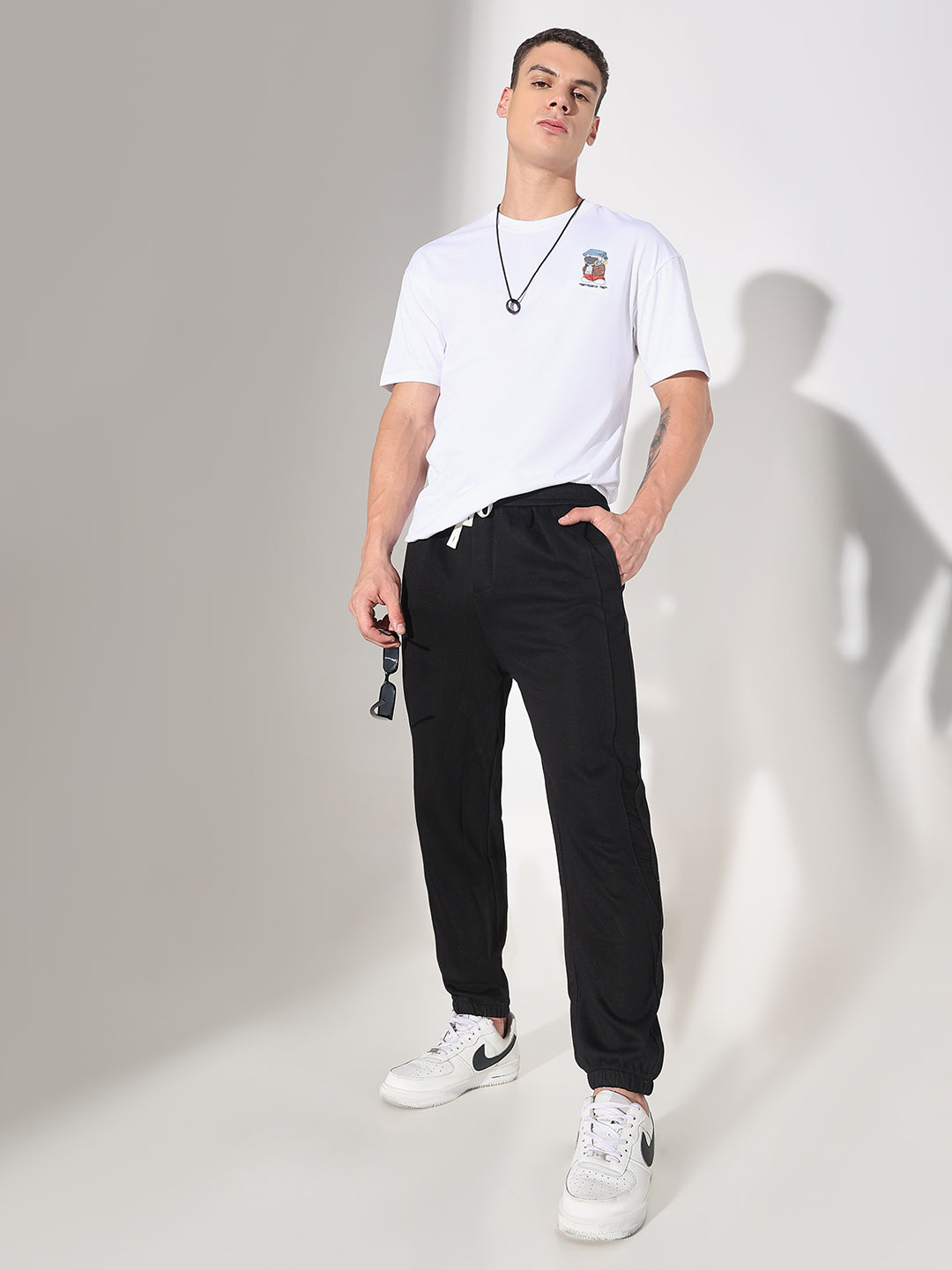 Men's Black Straight Fit Trousers with Elasticated Waist and Drawstring