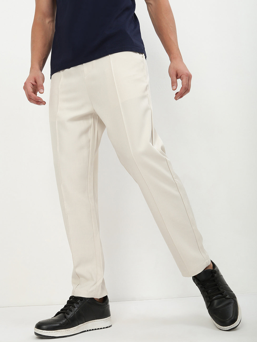 Men Cream Solid Straight Fit Trousers