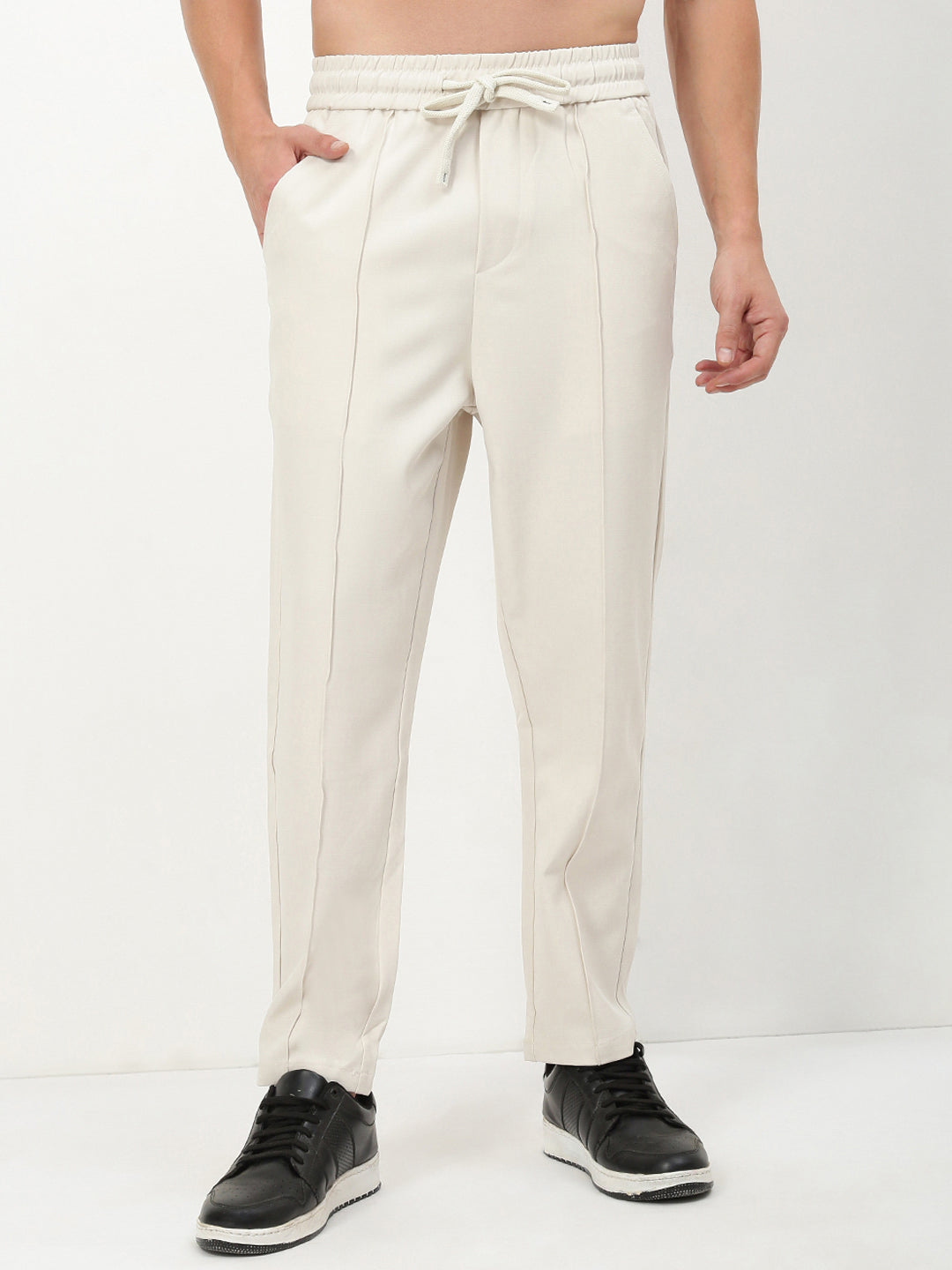 Men Cream Solid Straight Fit Trousers