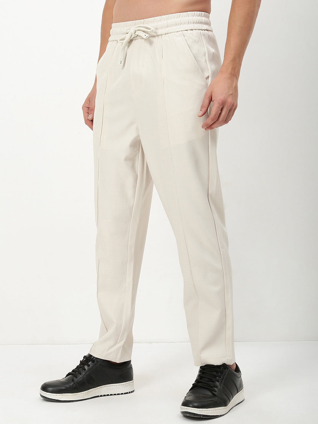 Men Cream Solid Straight Fit Trousers