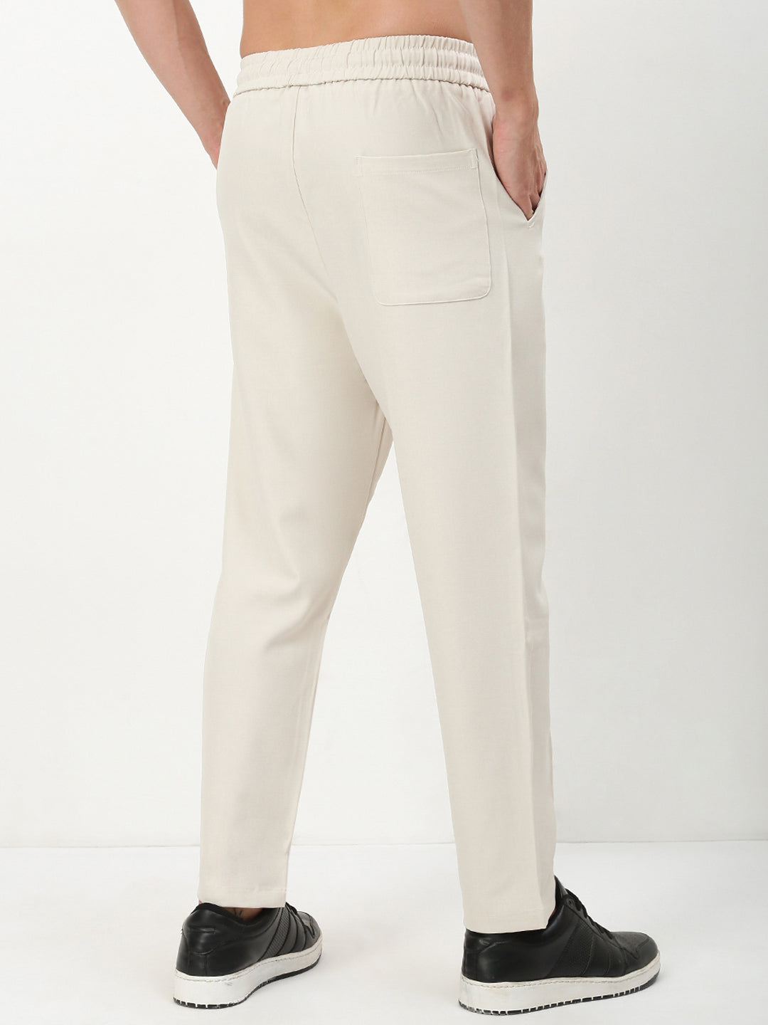 Men Cream Solid Straight Fit Trousers