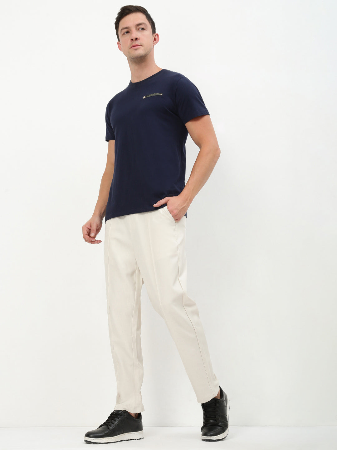 Men Cream Solid Straight Fit Trousers