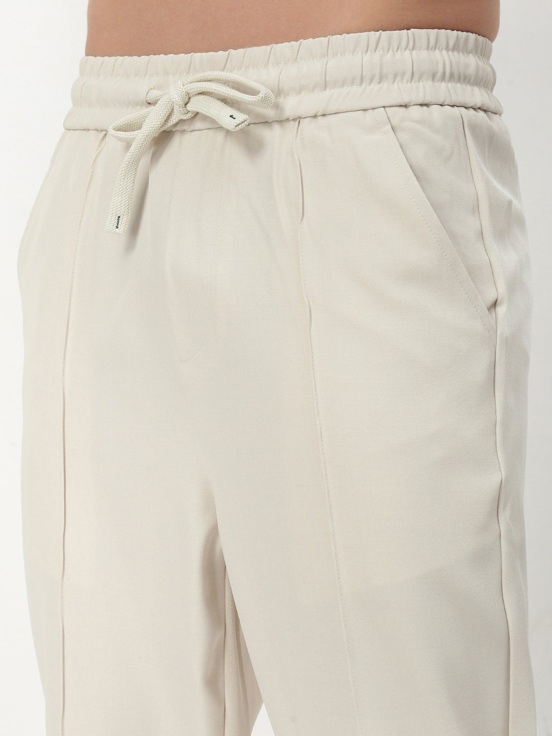 Men Cream Solid Straight Fit Trousers