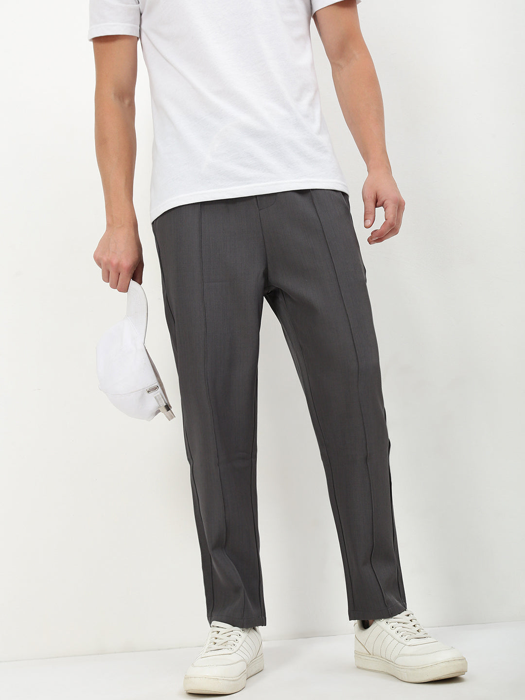 Men Grey Solid Straight Fit Trousers