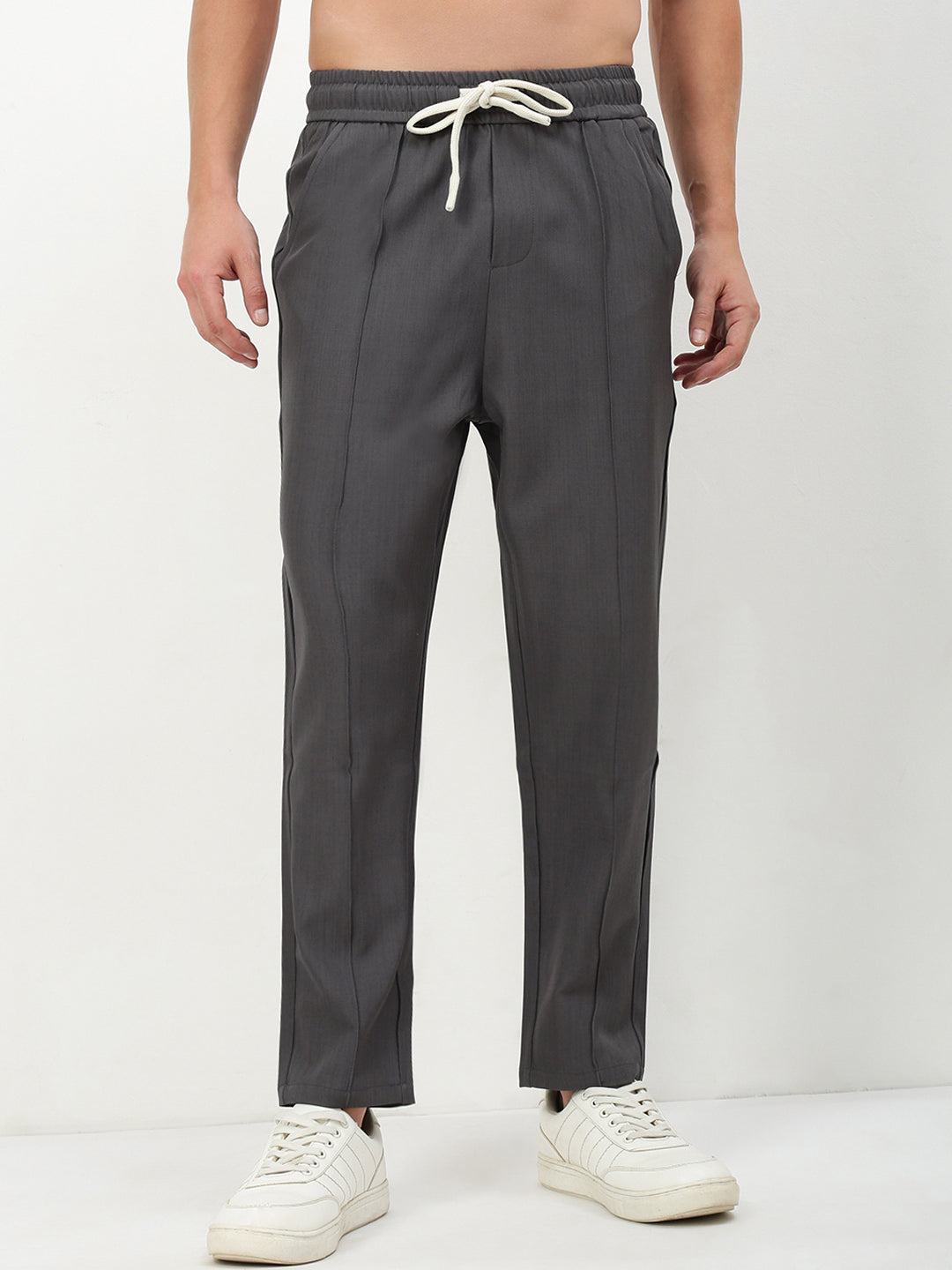 Men Grey Solid Straight Fit Trousers