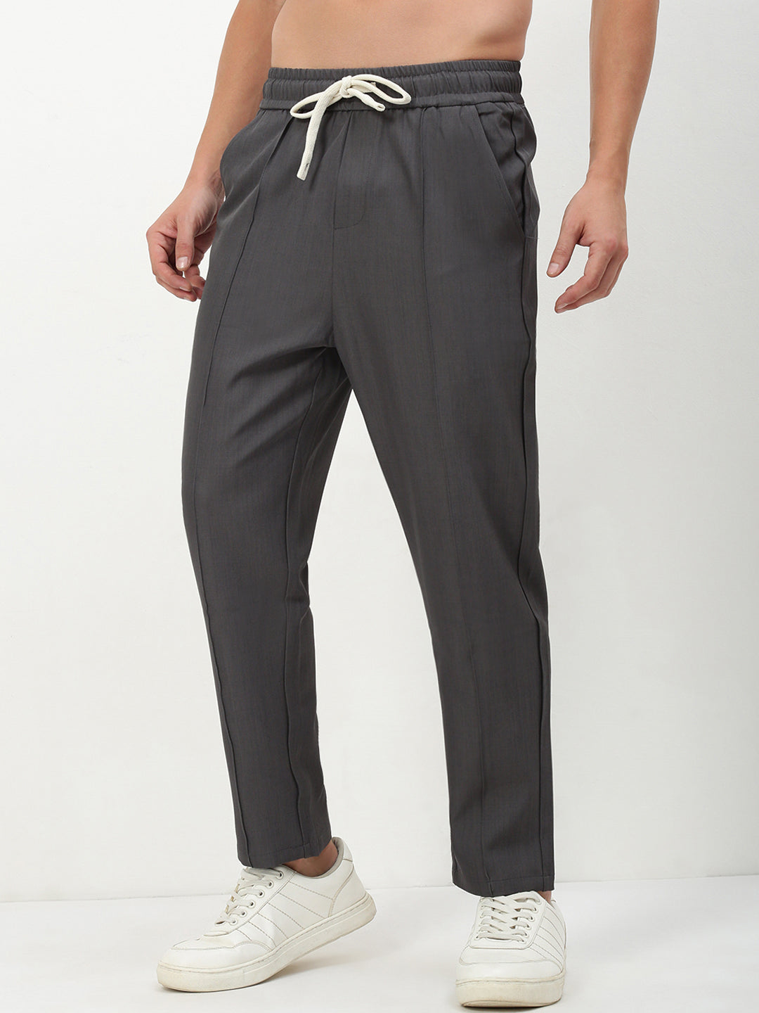 Men Grey Solid Straight Fit Trousers