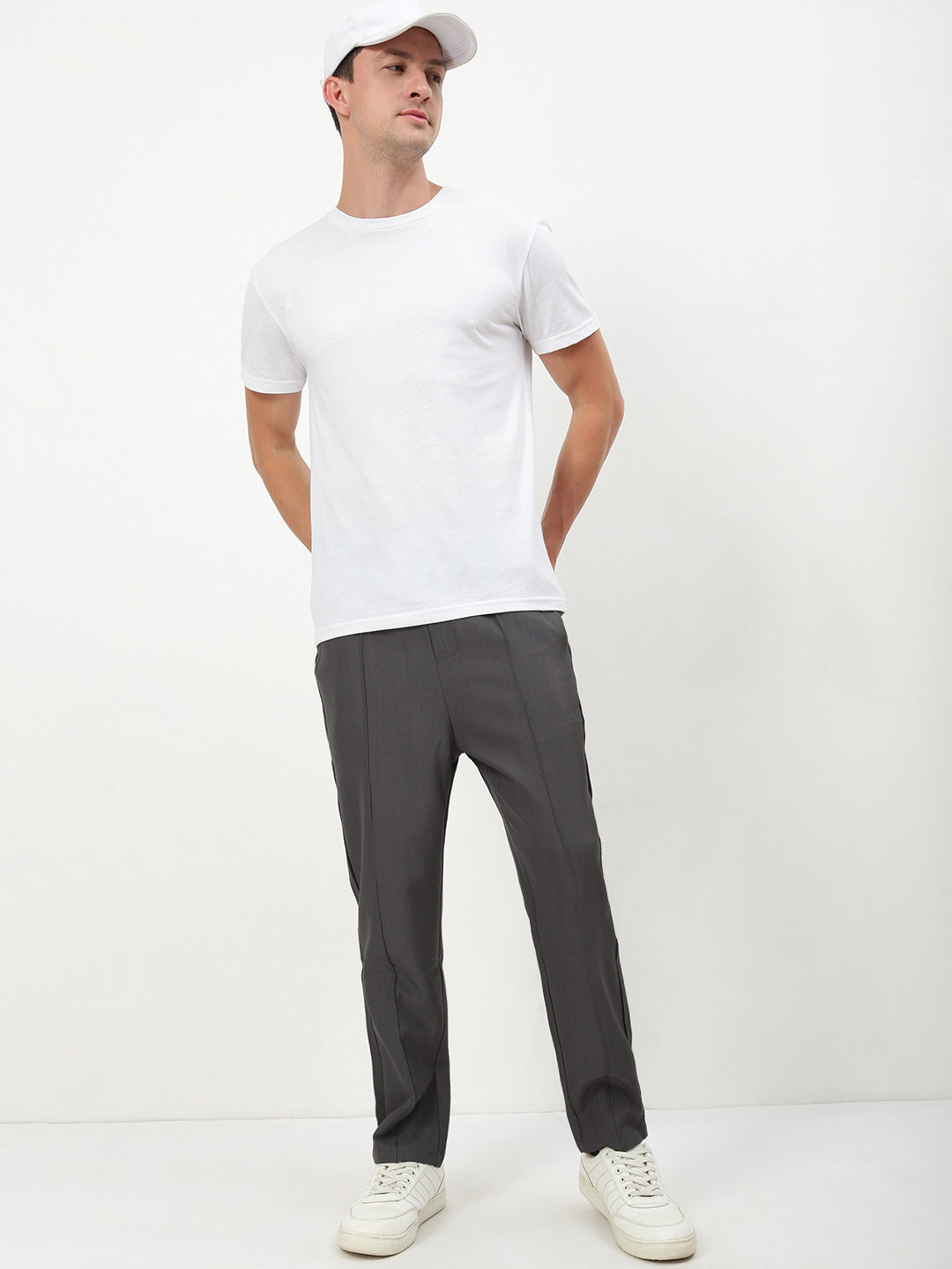 Men Grey Solid Straight Fit Trousers