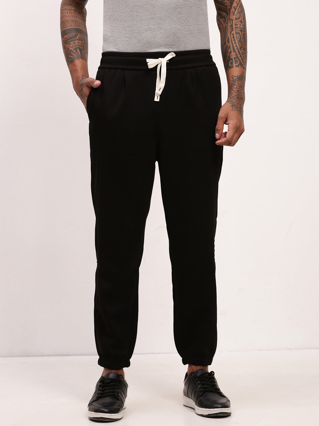 Men's Black Regular Fit Joggers with Elasticated Drawstring Waist