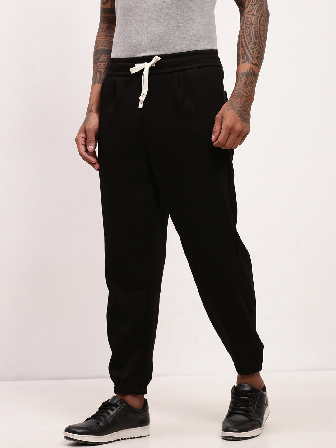 Men's Black Regular Fit Joggers with Elasticated Drawstring Waist
