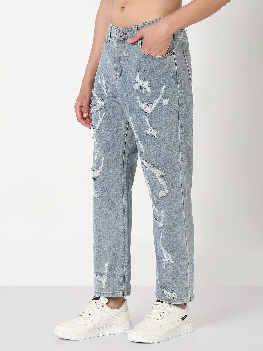 Buy Blue Distressed Straight Fit Jeans – Street Ready | SHOWOFFFF