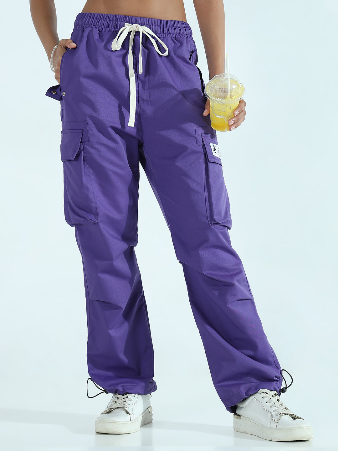 Women's Purple Solid Loose Fit Cargos Trouser