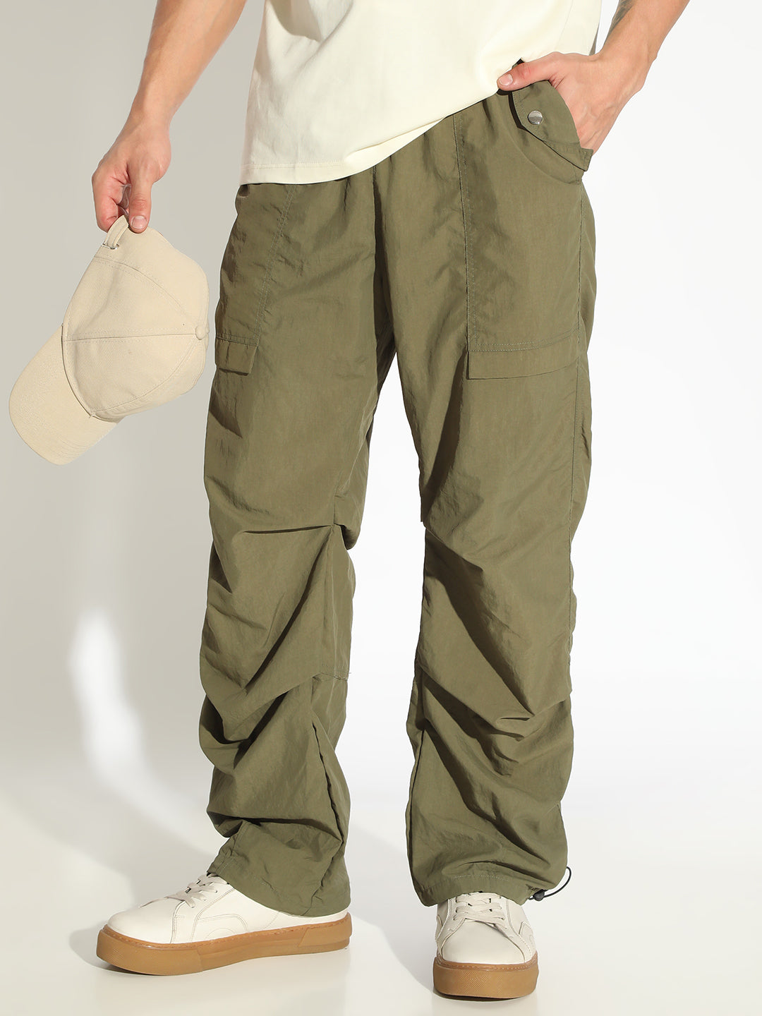 Men's Olive Loose Fit Trousers with Stylized Oversized Pockets and Elasticated Waist