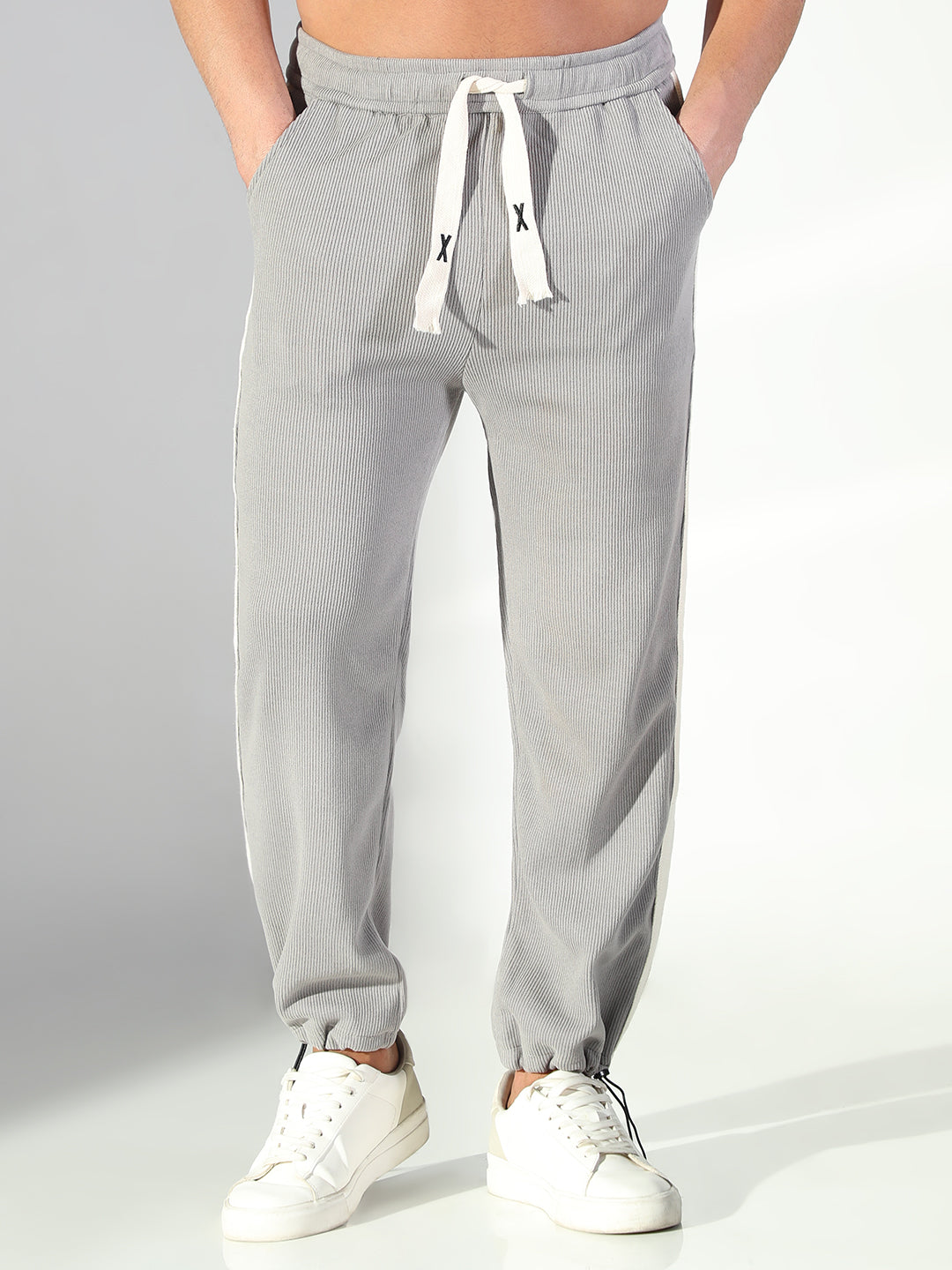 Men Grey Solid Trousers with Side Stripes