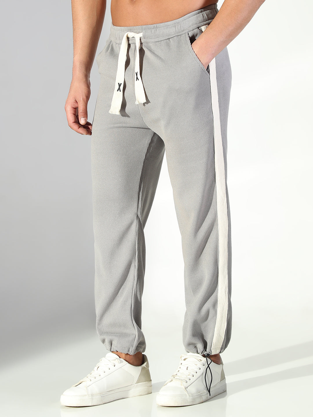 Men Grey Solid Trousers with Side Stripes