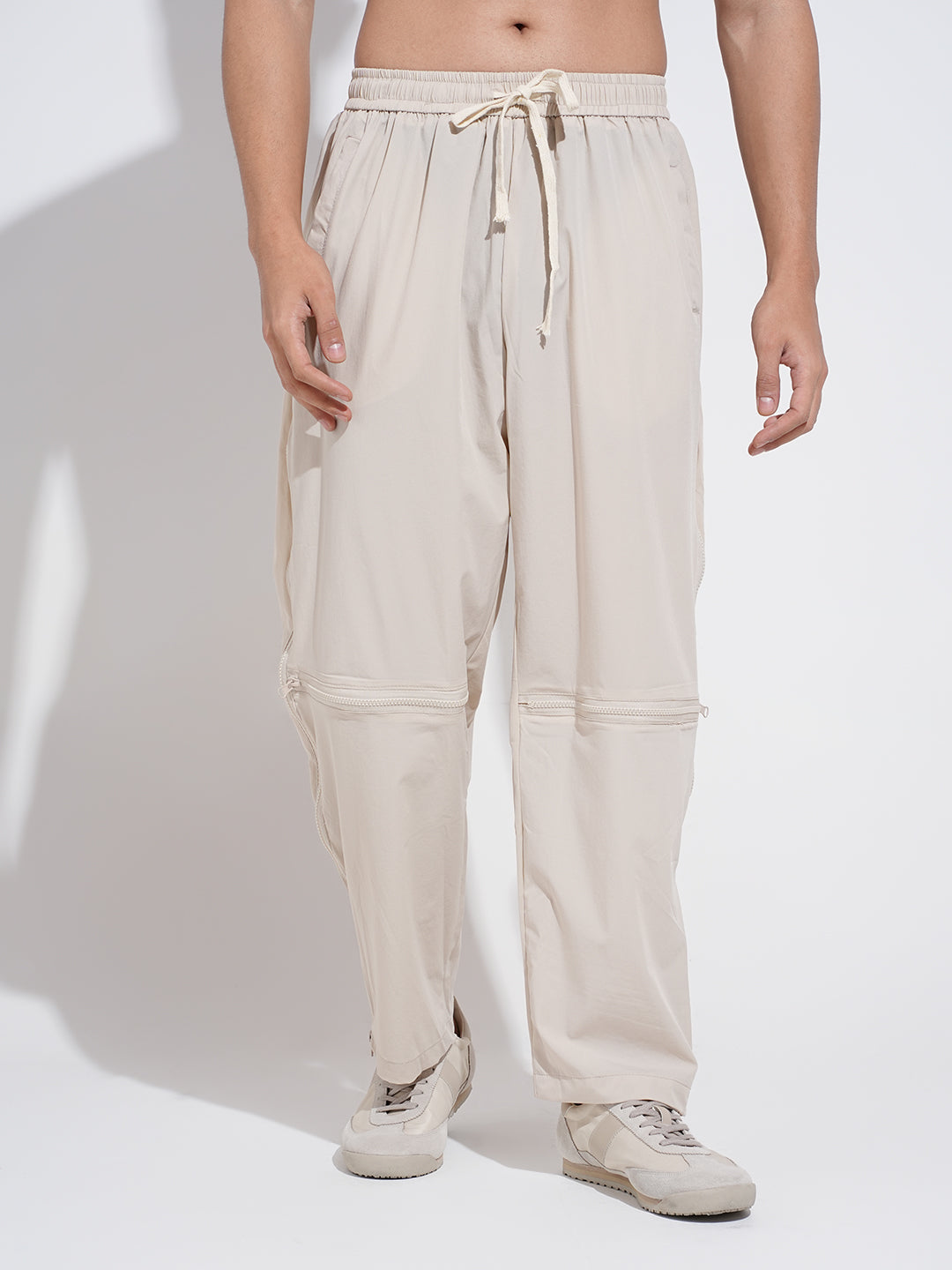 Men's Beige Relaxed Fit Trousers with Zipper Details