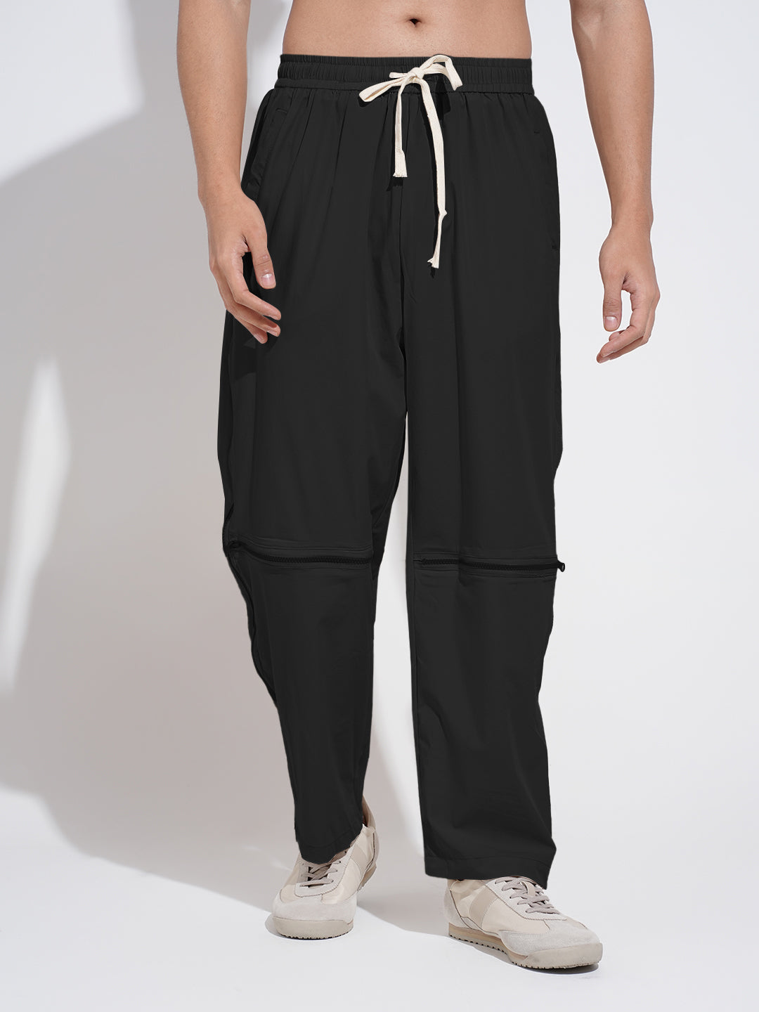 Men's Black Relaxed Fit Trousers with Zipper Details