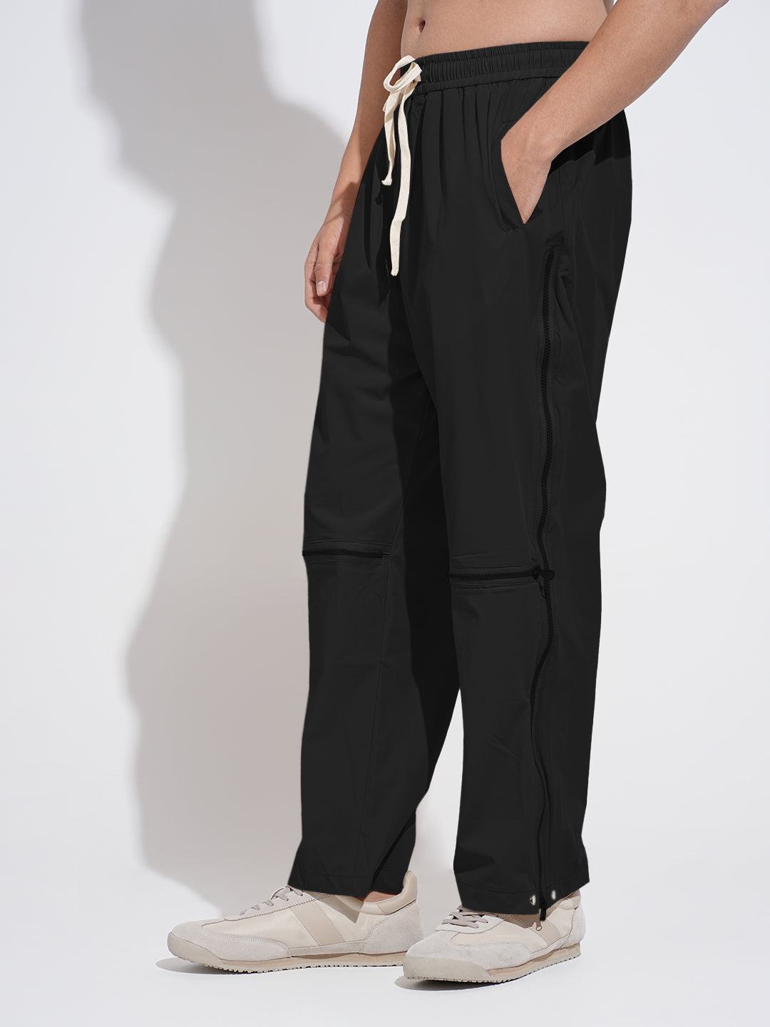 Men's Black Relaxed Fit Trousers with Zipper Details