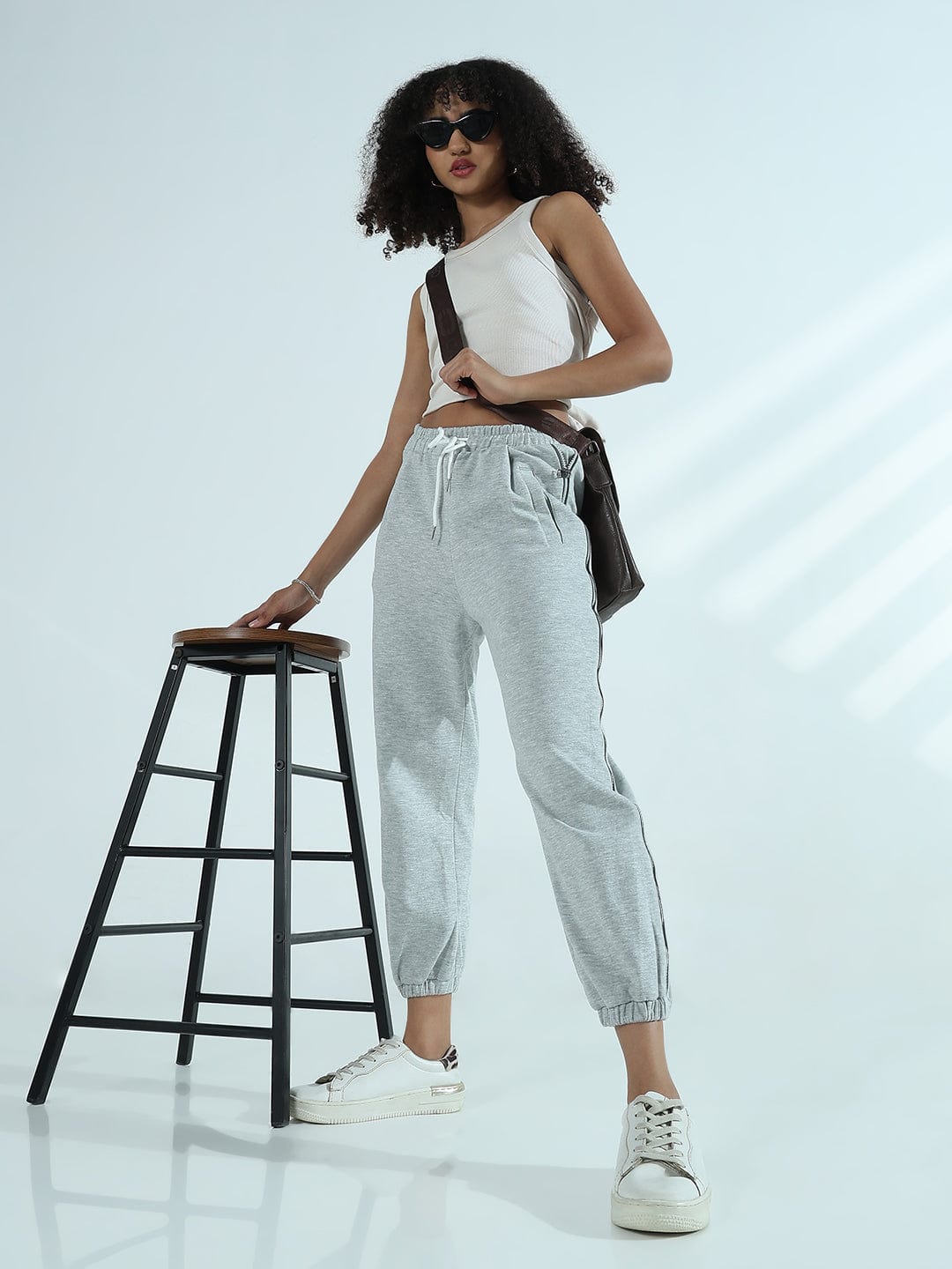 Women's Grey Athleisure Joggers with Side Strip