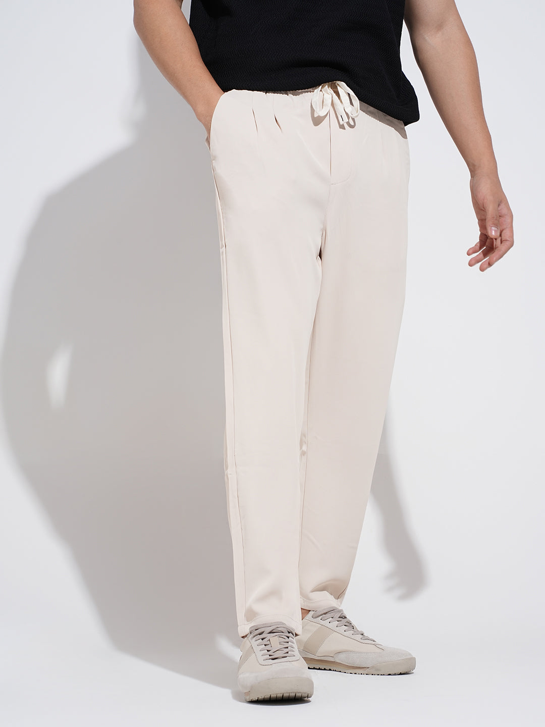 Men's Pleated Cream Regular Fit Trousers with Elasticated Waist and Drawstring