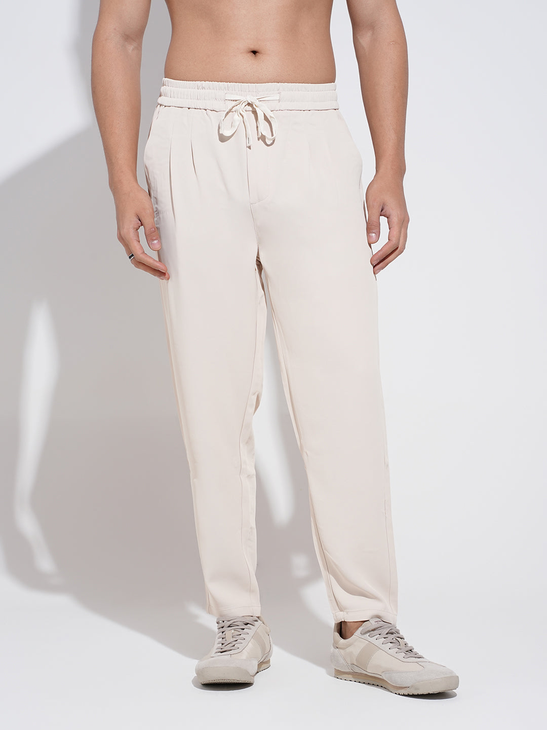 Men's Pleated Cream Regular Fit Trousers with Elasticated Waist and Drawstring