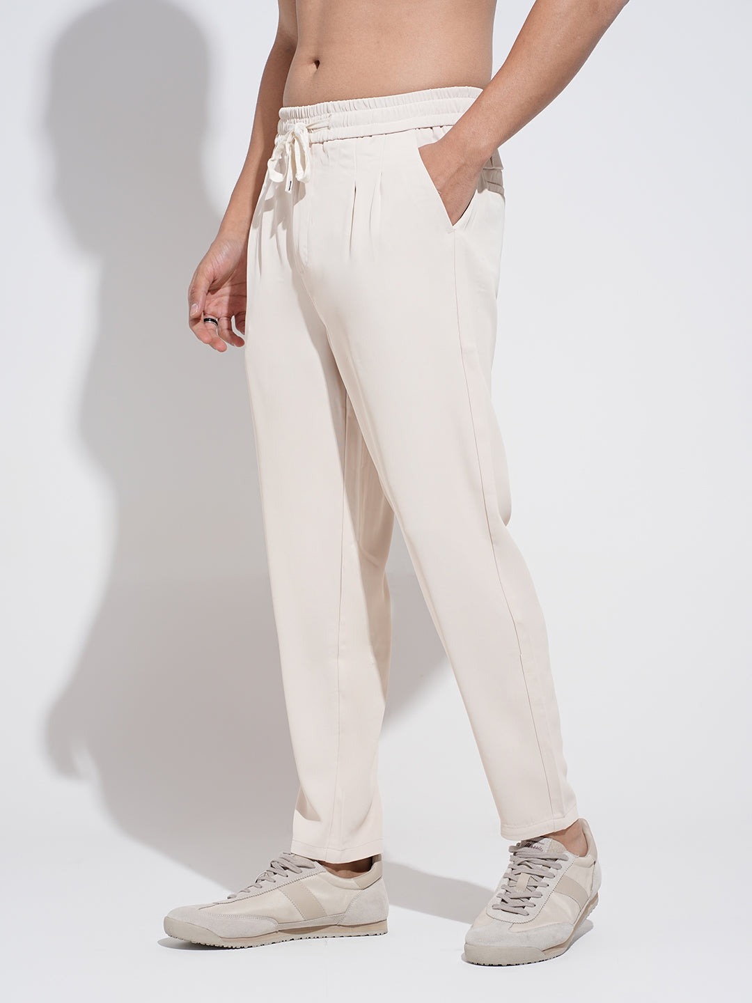 Men's Pleated Cream Regular Fit Trousers with Elasticated Waist and Drawstring