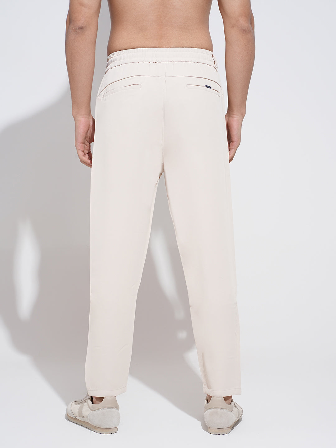 Men's Pleated Cream Regular Fit Trousers with Elasticated Waist and Drawstring